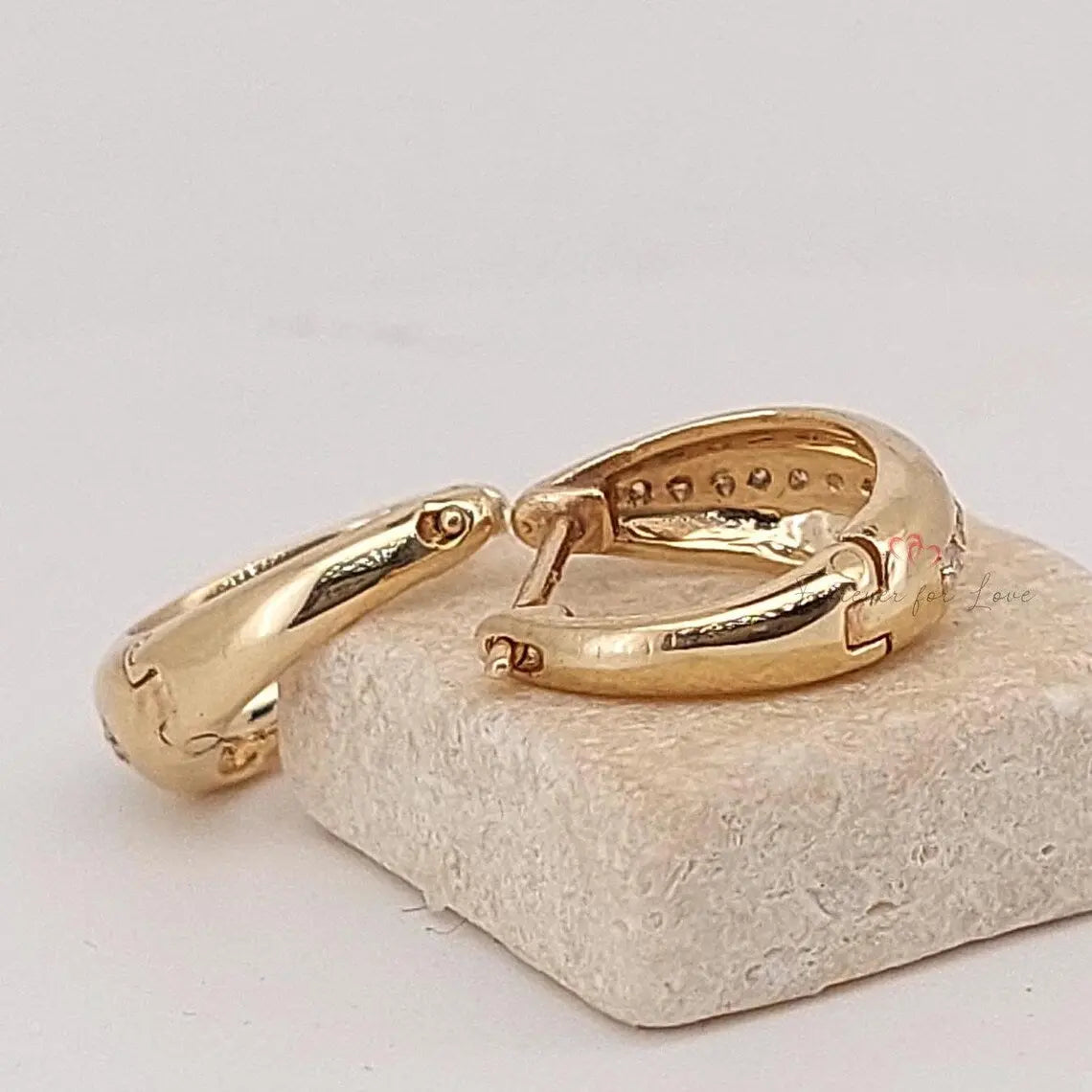 14k Gold Plain Thick Huggie Earrings with Diamonds Forever For Love