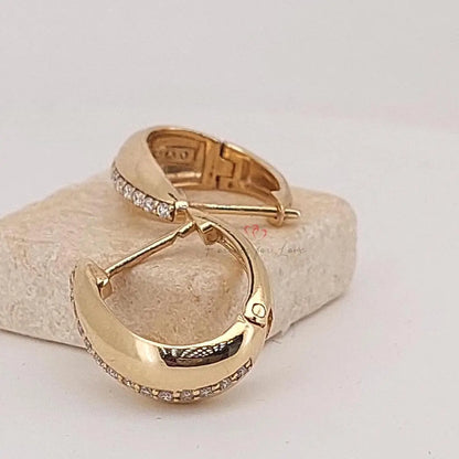 14k Gold Plain Thick Huggie Earrings with Diamonds Forever For Love