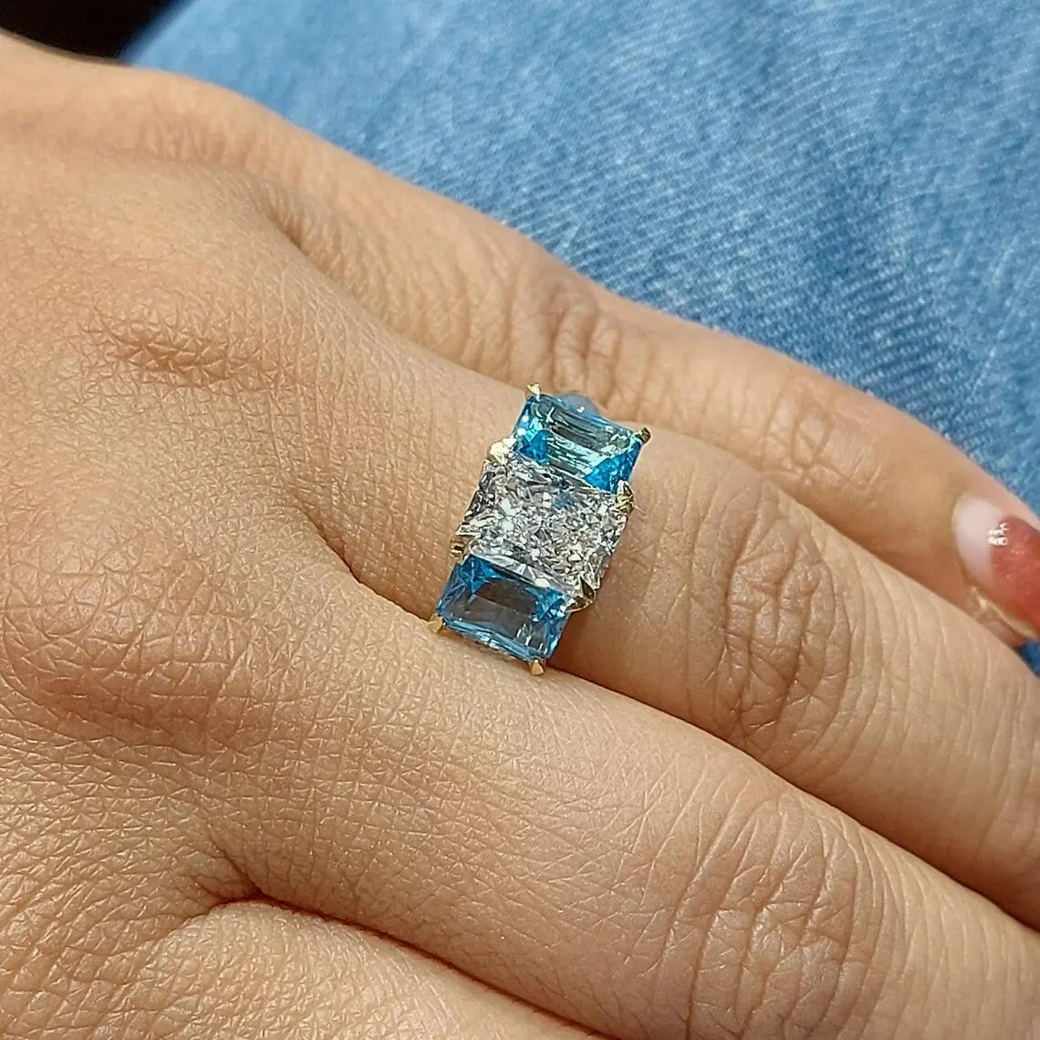 2Ct Radiant Trilogy Lab Diamond Ring with Blue Topaz Forever For Love