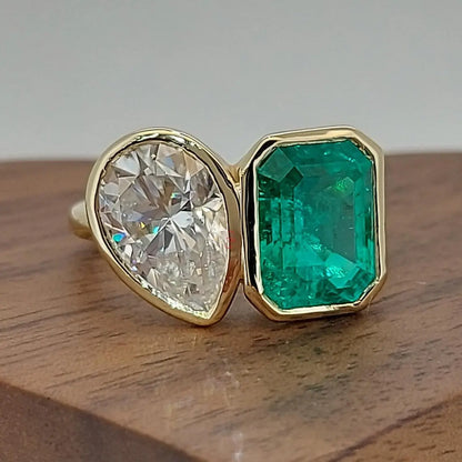 Dainty Emerald & Baguette Diamond Two Stone Ring Forever For Love