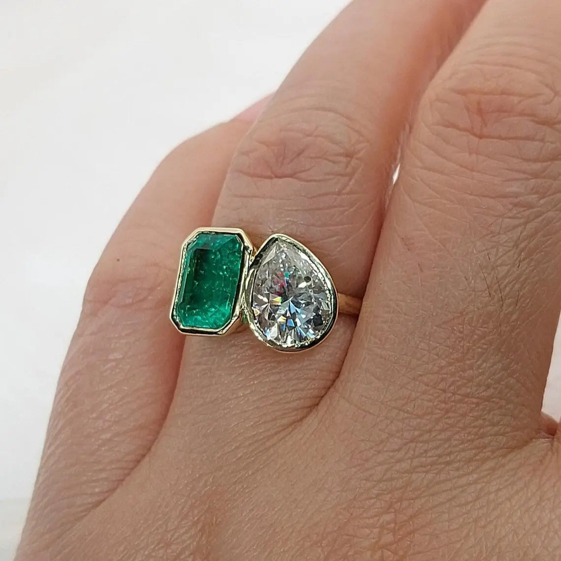 Dainty Emerald & Baguette Diamond Two Stone Ring Forever For Love