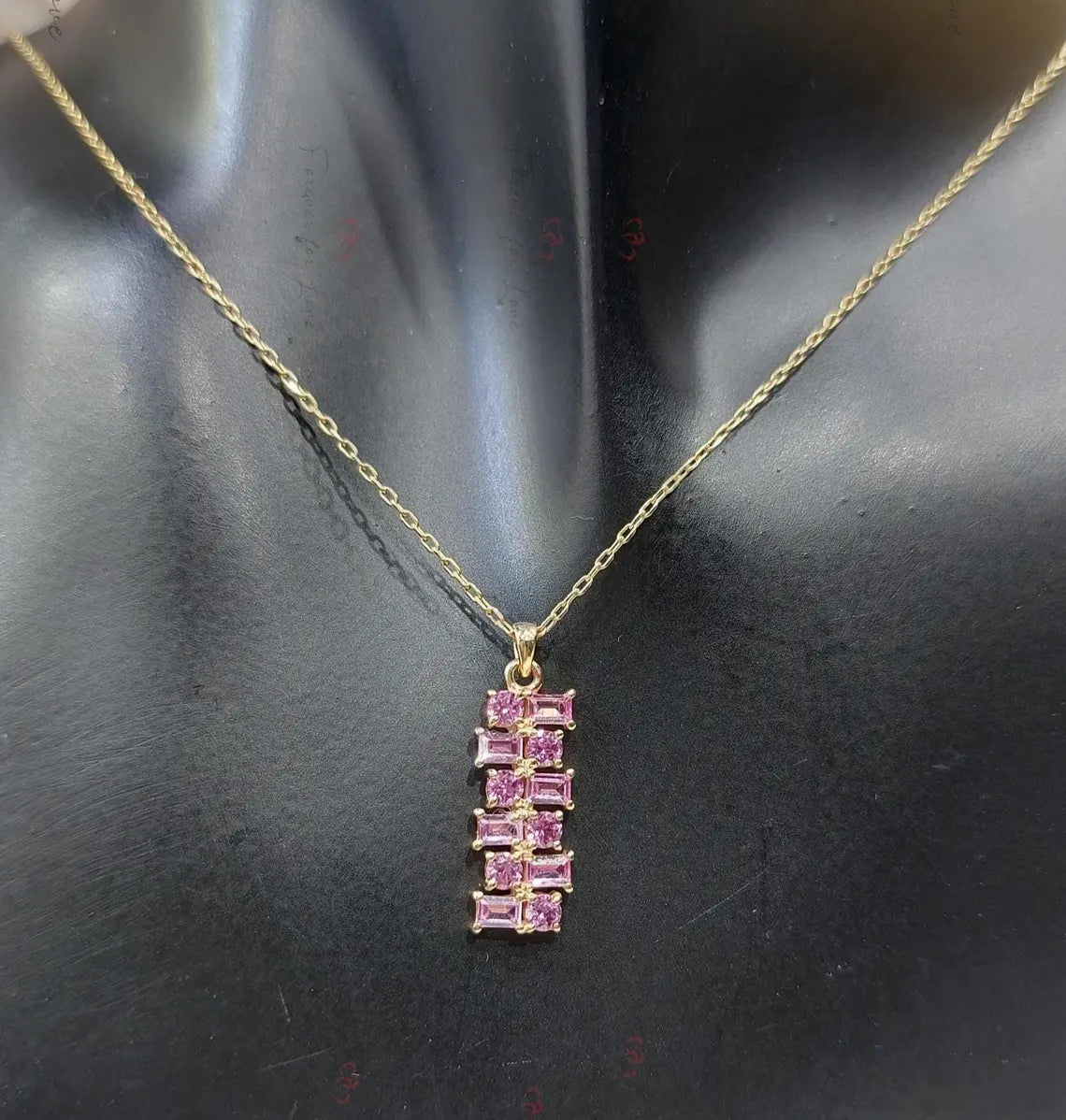 Baguette & Round Diamond Necklace with Lab-Grown Pink Sapphire Forever For Love