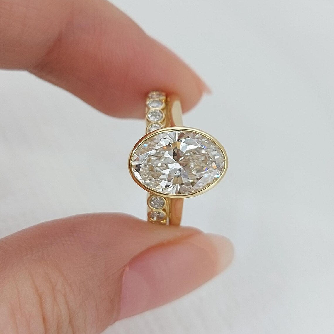 3.1Ct D VVS1 Oval Cut Lab Grown Bezel Diamond Bridal Set Forever For Love