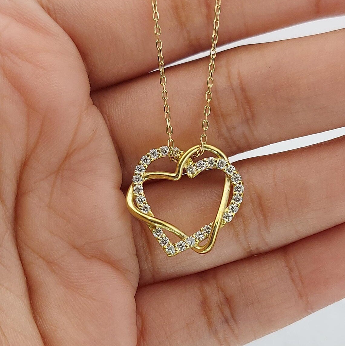 Double Heart shape diamond Necklace Forever For Love