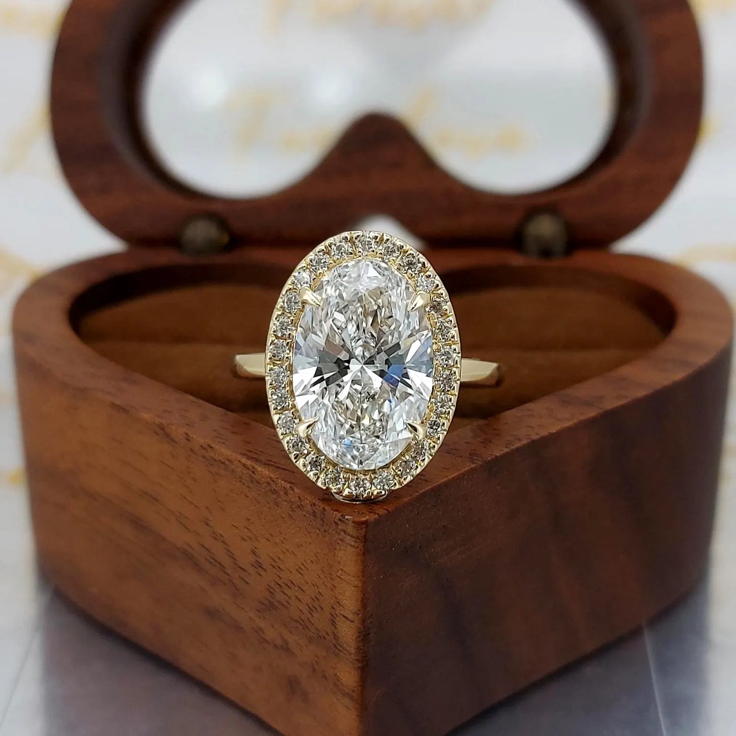 4.5 carat IGI Certified E Color VVS2 Clarity Oval Cut Lab Created Diamond Halo Engagement Ring 14k Yellow Gold Emma Forever For Love