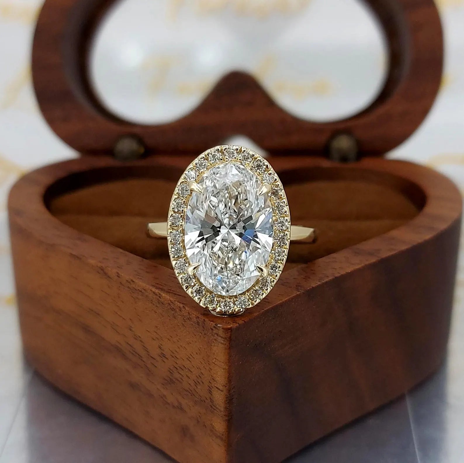 4.5 carat IGI Certified E Color VVS2 Clarity Oval Cut Lab Created Diamond Halo Engagement Ring 14k Yellow Gold Emma Forever For Love