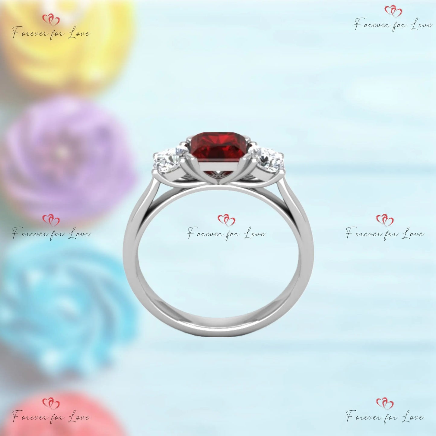 Ruby and Diamond Ring | Three Stone Diamond Ring | Solid White Gold Engagement Ruby Diamond Ring Round cut 2 engagement ring in 935 Argentium Silver — custom handcrafted by Forever For Love