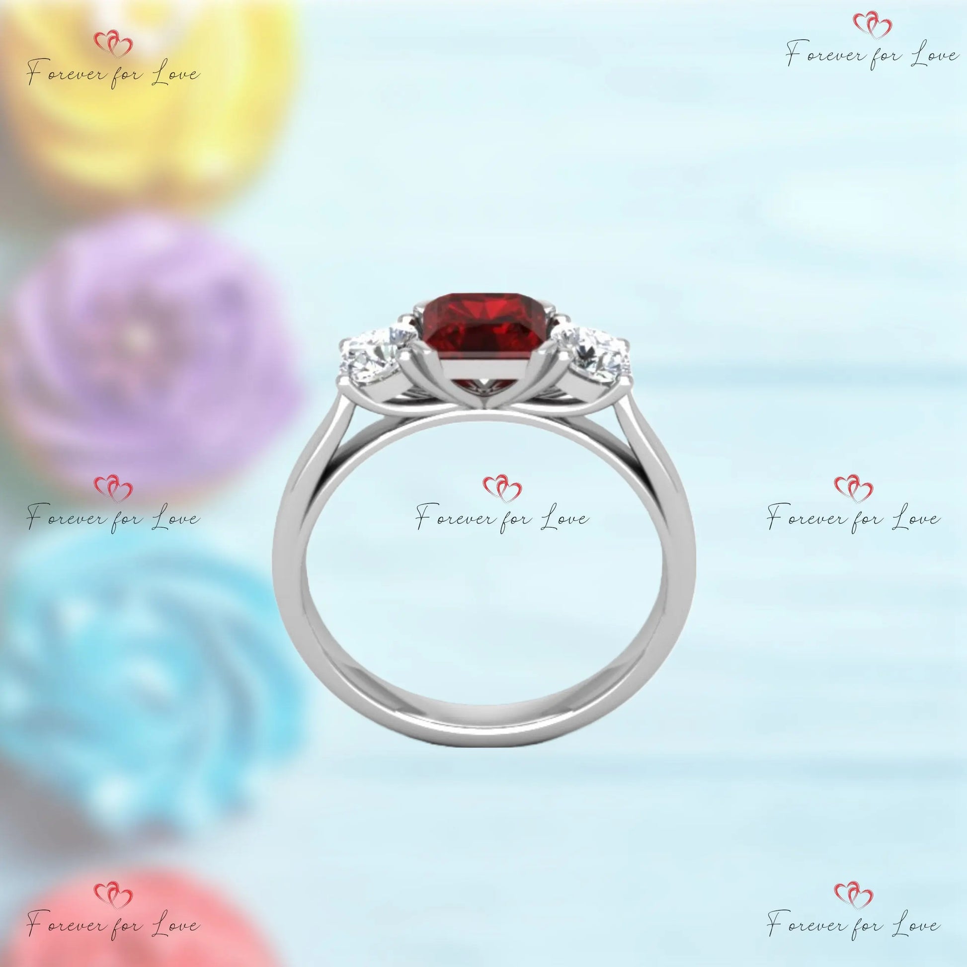 Ruby and Diamond Ring | Three Stone Diamond Ring | Solid White Gold Engagement Ruby Diamond Ring
