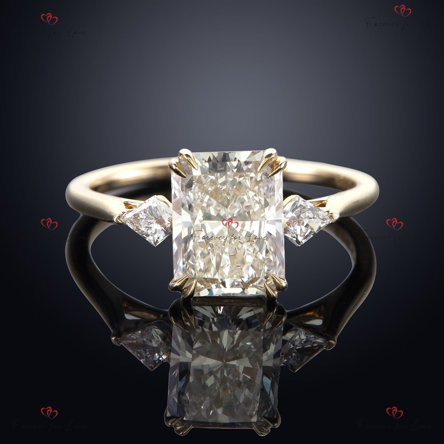 Radiant Cut Diamond Engagement Ring with Natural Kite Diamonds - IGI Certified Trilogy Ring