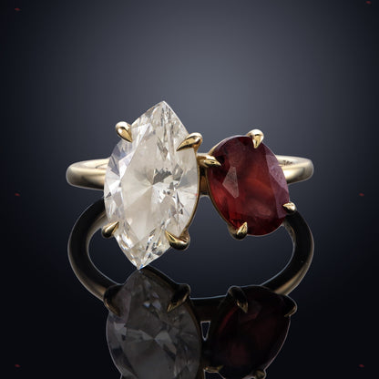 Natural Marquise Diamond Vintage Ring - IGI Certified with Garnet Accents in Yellow Gold