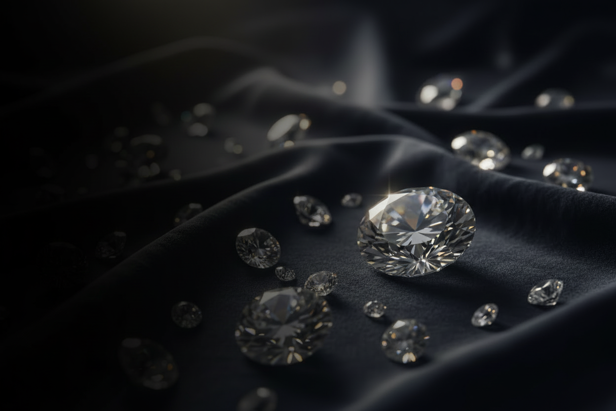 Diamonds on a dark fabric surface