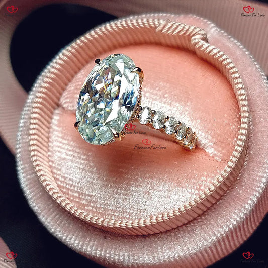 Oval Engagement Ring |  Crushed Ice Oval Cut Moissanite | Chunky Band | Hidden Halo Ring Forever For Love