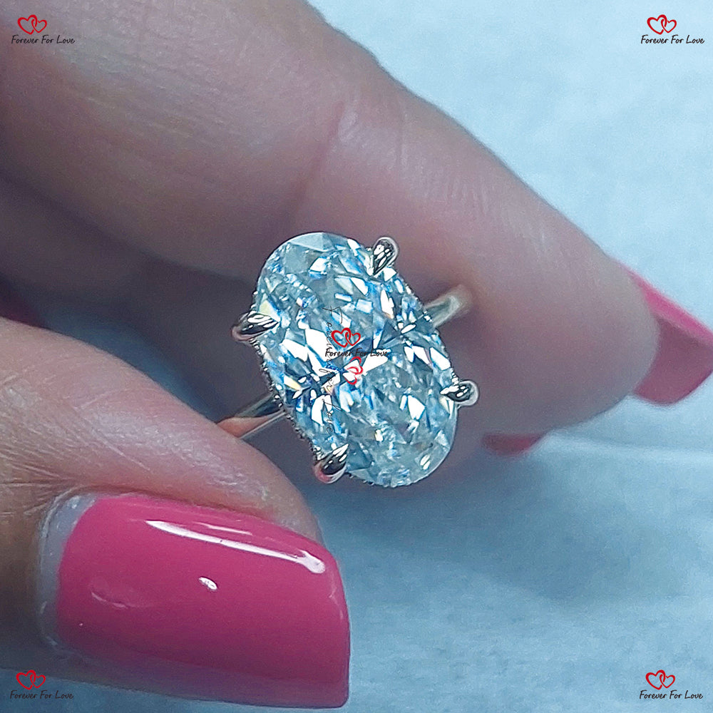 Crushed Ice Oval Cut Moissanite Engagement Ring - Hidden Halo Diamond Haley Bieber Inspired