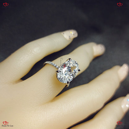 Oval Cut Moissanite Engagement Ring - Hybrid Crushed Ice with Pave Band and Diamond Hidden Halo