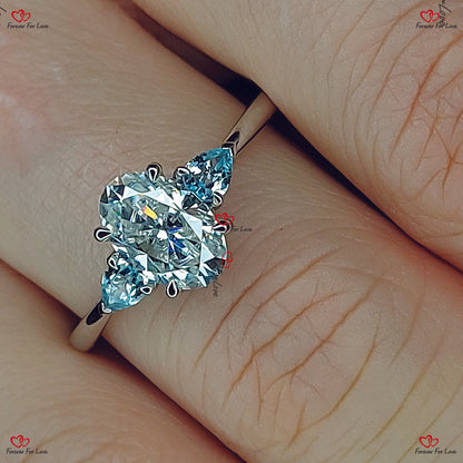 Vintage Unique Oval Moissanite Engagement Ring with Blue Topaz | White Gold | Pear Cut Diamond