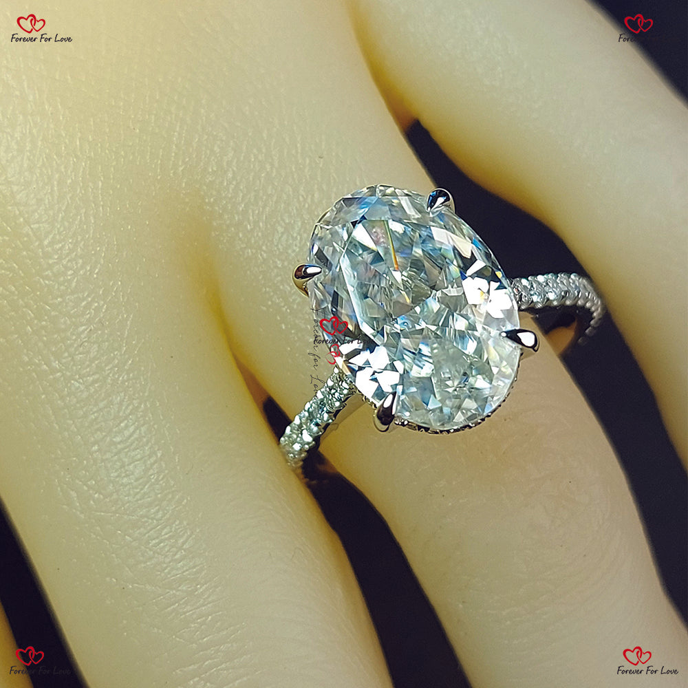 Crushed Ice Oval Cut Moissanite Engagement Ring – Diamond Hidden Halo Pave Band Bridal Ring