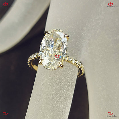 Moissanite Engagement Ring in Hidden Halo Elongated Oval Cut Crushed Ice Diamond