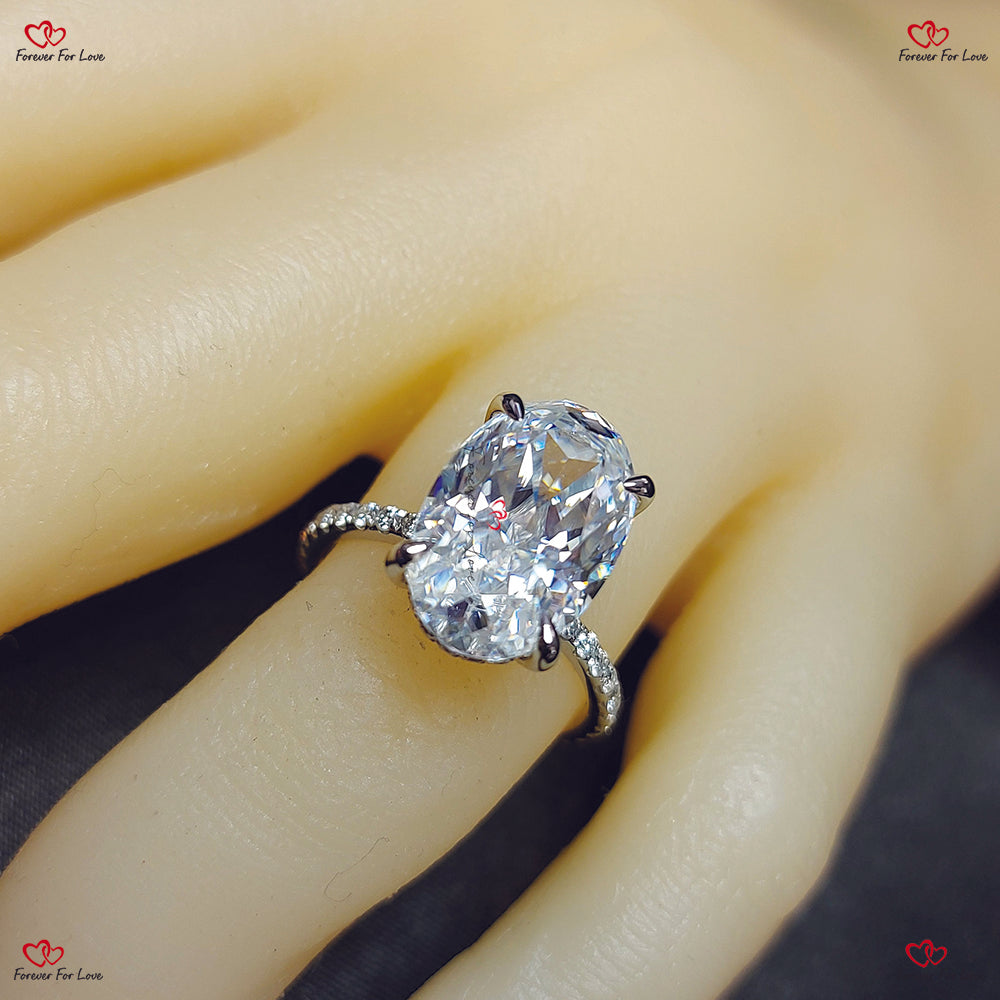 Oval Cut Moissanite Engagement Ring - Hybrid Crushed Ice with Pave Band and Diamond Hidden Halo