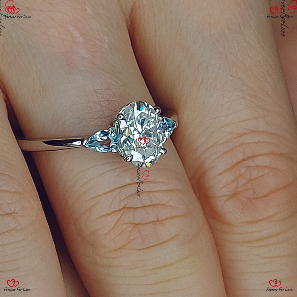 Vintage Unique Oval Moissanite Engagement Ring with Blue Topaz | White Gold | Pear Cut Diamond