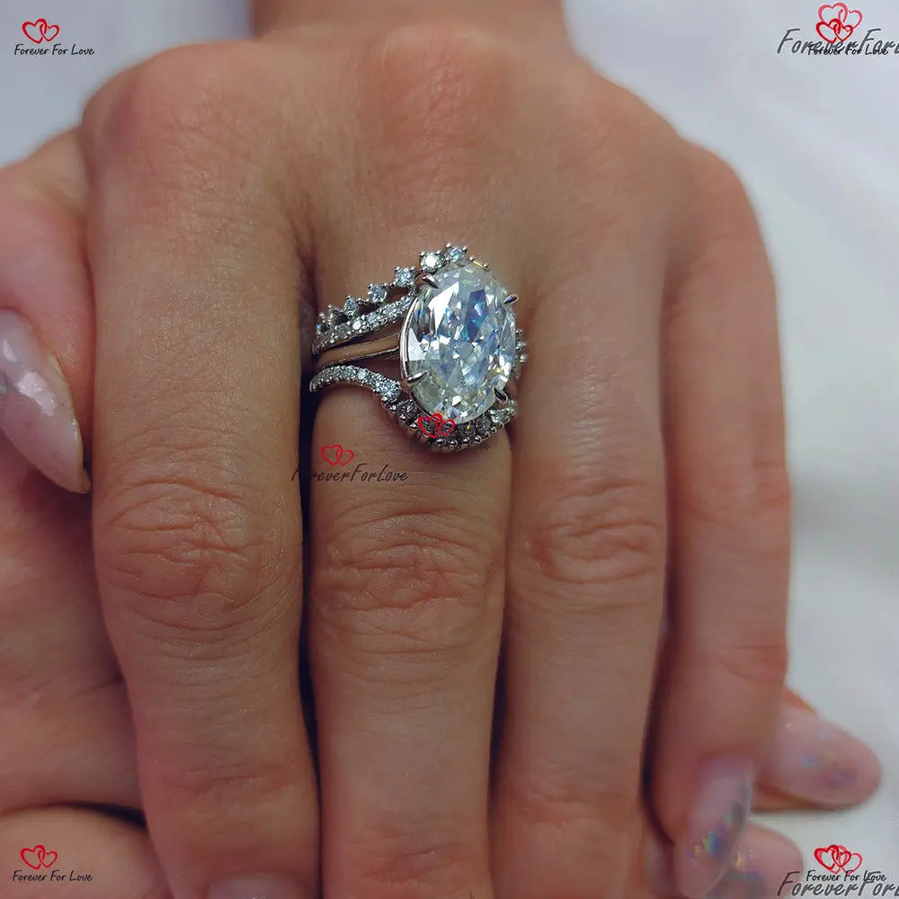 Vintage Unique Oval Moissanite Engagement Ring Set White Gold
