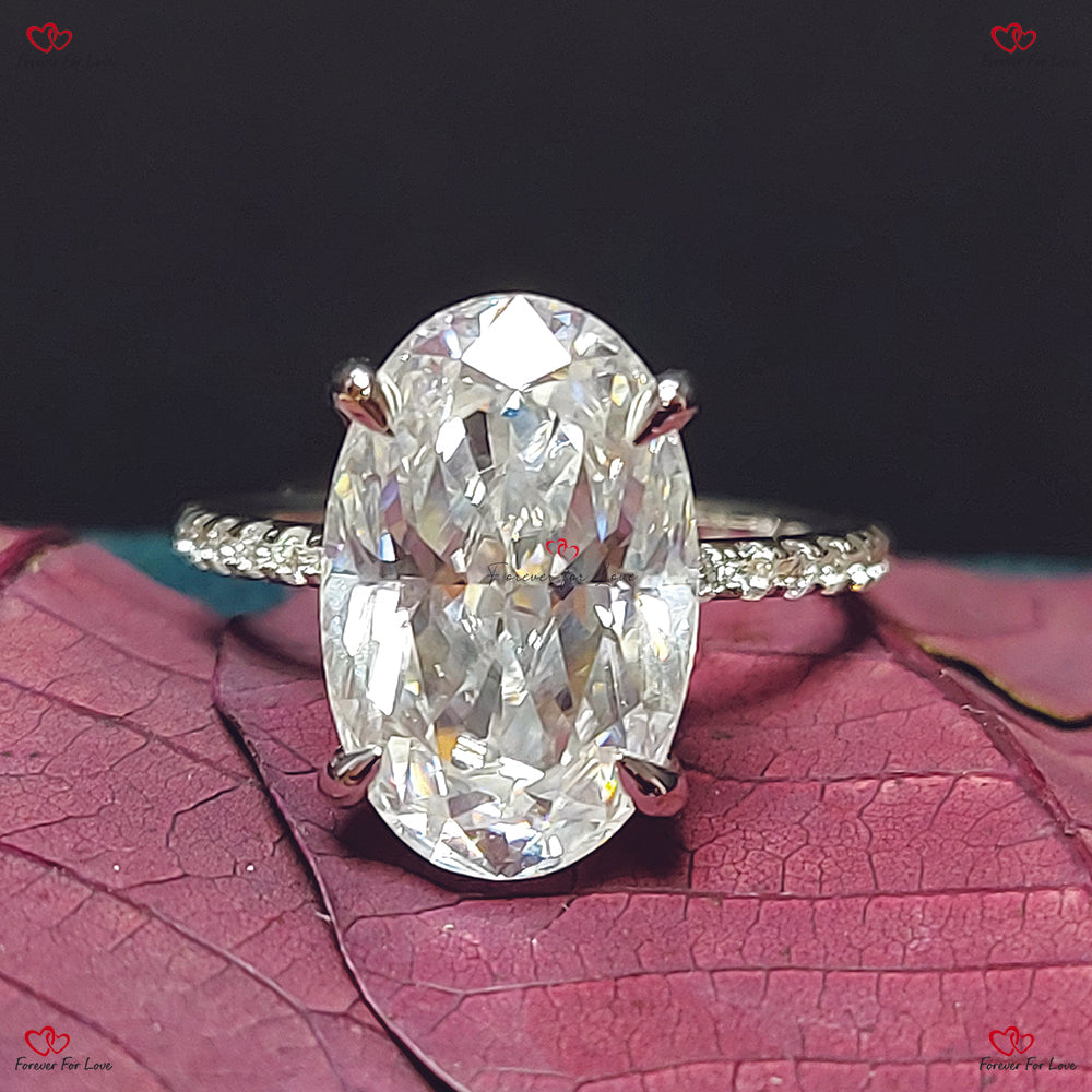 Oval Cut Moissanite Engagement Ring - Hybrid Crushed Ice with Pave Band and Diamond Hidden Halo