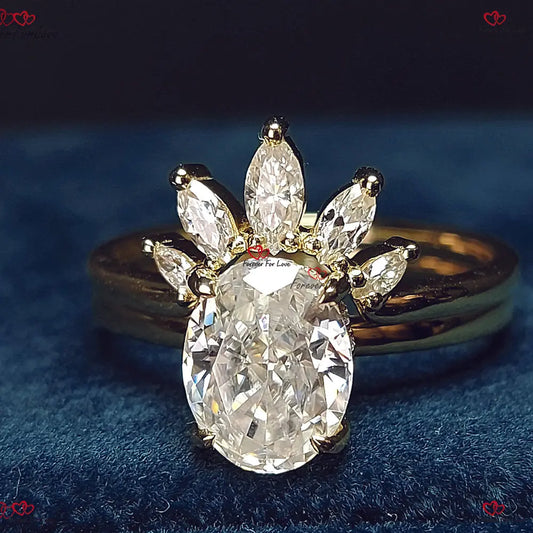 Oval Moissanite Engagement Ring Set with Marquise Diamond Wedding Band – Vintage Yellow Gold Solitaire Ring Forever For Love