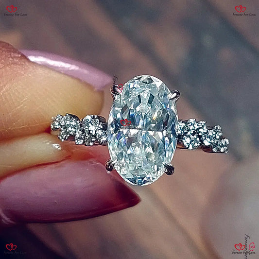 Unique Vintage Style  Hybrid Crushed Ice Oval Moissanite Ring Cluster Diamond Engagement Ring in Solid Gold Forever For Love