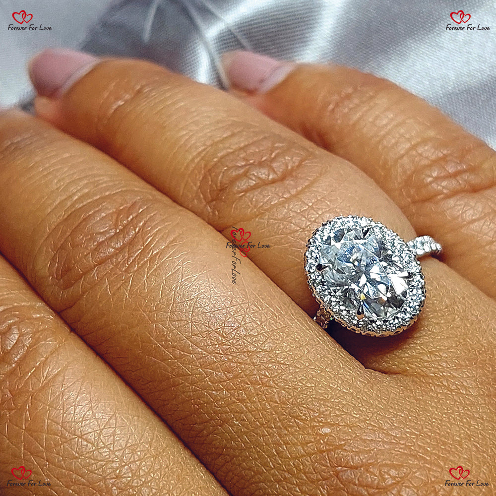 Vintage Unique Oval Moissanite Engagement Ring |  Oval Cut | Diamond Halo | Platinum Art Deco