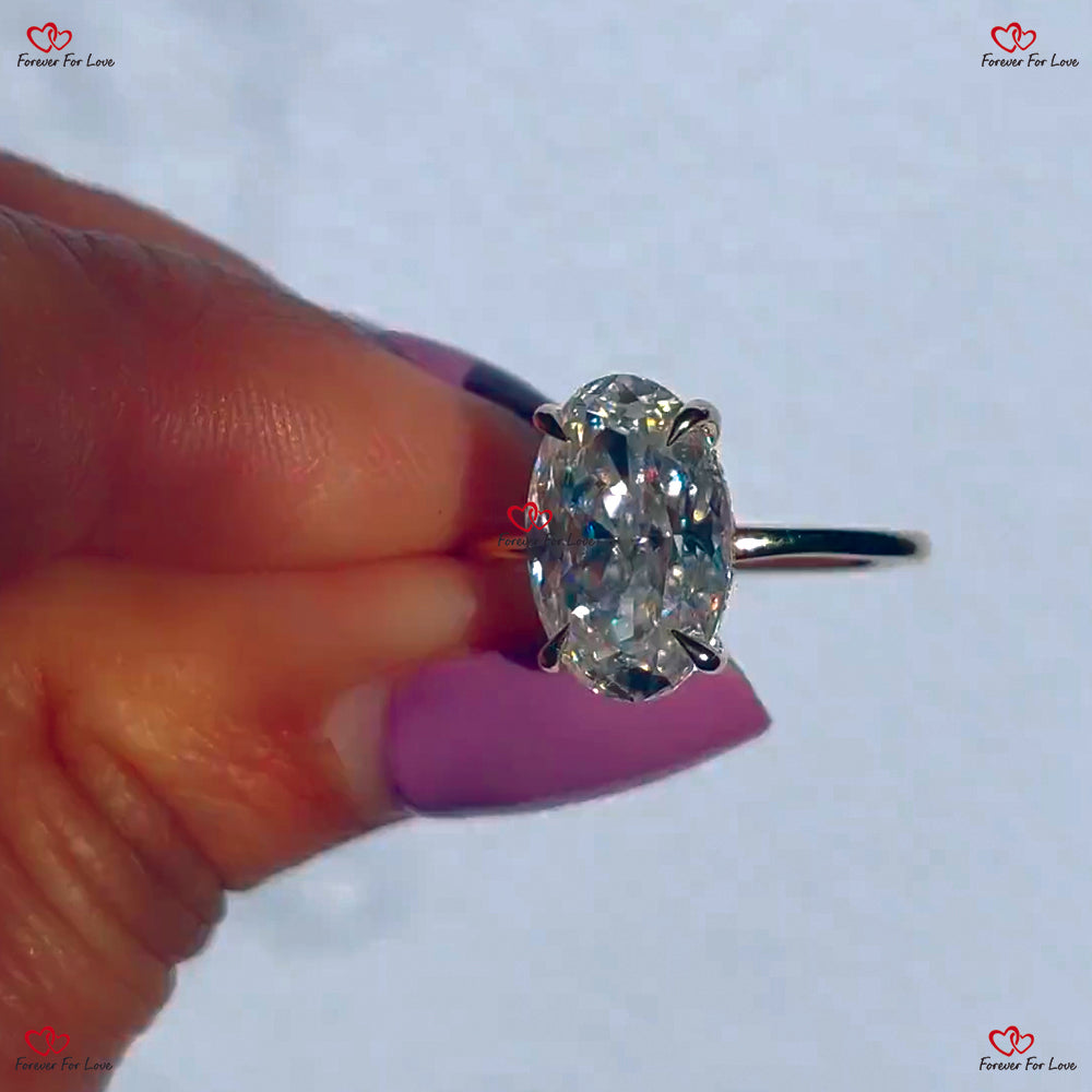 Oval Moissanite Engagement Ring |  Hybrid Crushed Ice Oval | Hidden Halo Design