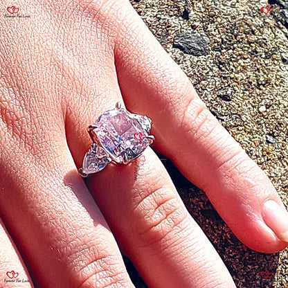 Vivid Pink Diamond Cushion Cut Ring - Lovely Cushion Shape with Pear Side Stones in Vintage Victorian Style