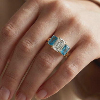 2Ct Radiant Trilogy Lab Diamond Ring with Blue Topaz