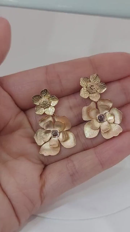 14k Gold Flower Drop Earrings | Handmade Dangling Gold Earrings