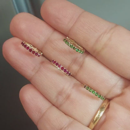 14k Solid Gold Emerald Huggie Earrings | Natural Birthstone Mini Hoops