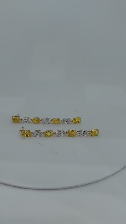 Yellow & White Lab Diamond Dangle Earrings – 7 Carat Oval Cut