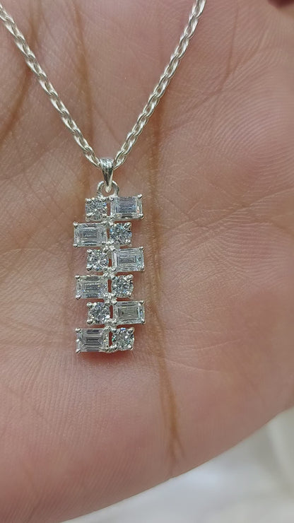 Baguette & Round Diamond Necklace Pendant, 18K white Gold Necklace
