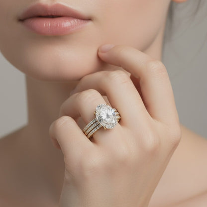 Crushed Ice Oval Cut Moissanite Engagement Ring | Hidden Halo Bridal Set | Pave Set