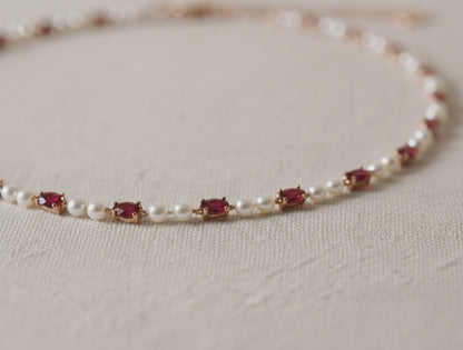 Ruby and Pearl Beaded Station Necklace, Solid Gold Chain, Dainty Ruby Gemstone Necklace, Gift For Her, Layering Necklace