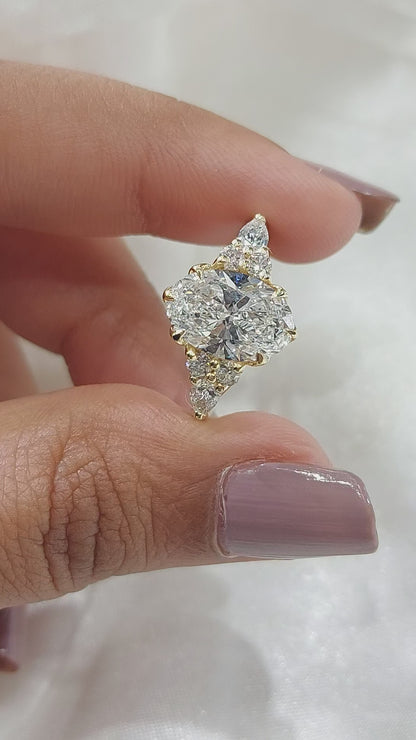 1.5 Carats  Oval Diamond engagement ring unique Cluster Yellow gold engagement ring