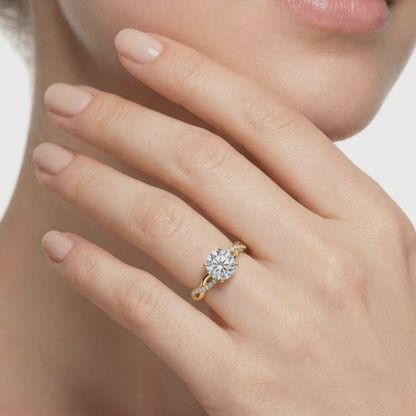 Bague de fiançailles en diamant rond - Créée en laboratoire et certifiée IGI avec bande torsadée en or jaune