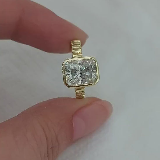 Vintage 1.5 Carat Radiant Cut Moissanite Engagement Ring | Bezel Setting Radiant cut 1Ct Moissanite Brilliant Cut engagement ring in 935 Argentium Silver — custom handcrafted by Forever For Love