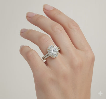 Bague de fiançailles solitaire en diamant de laboratoire à taille ovale certifiée IGI D/VVS2 de 2 carats au total | Bague de fiançailles avec halo caché et bande de diamants ronds assortie | Or