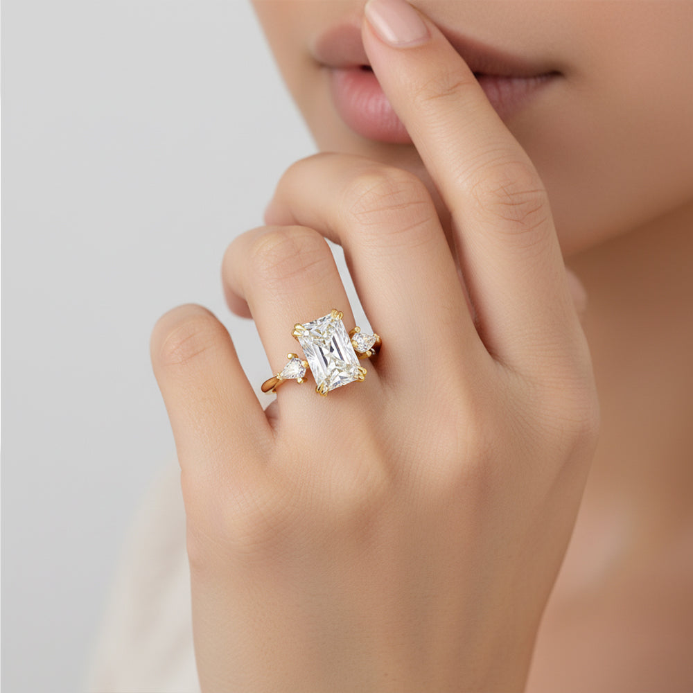 Radiant Center Stone with Pear Side Stones Three-Stone Engagement Ring Forever For Love