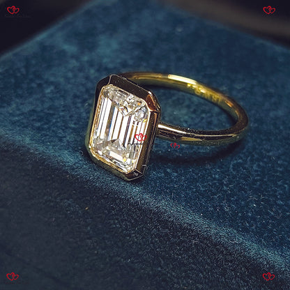 Emerald Cut Moissanite Engagement Ring –  in Bezel Setting Solid Gold