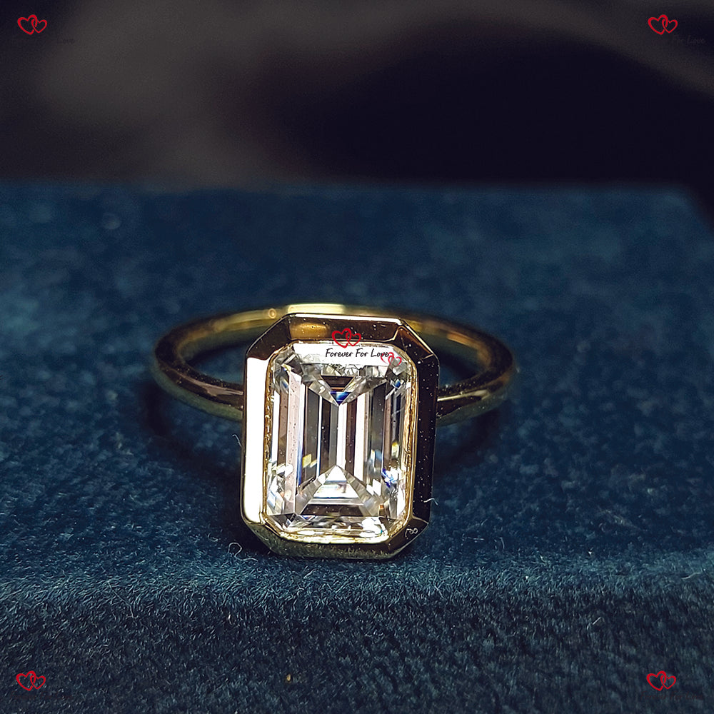 Emerald Cut Moissanite Engagement Ring –  in Bezel Setting Solid Gold