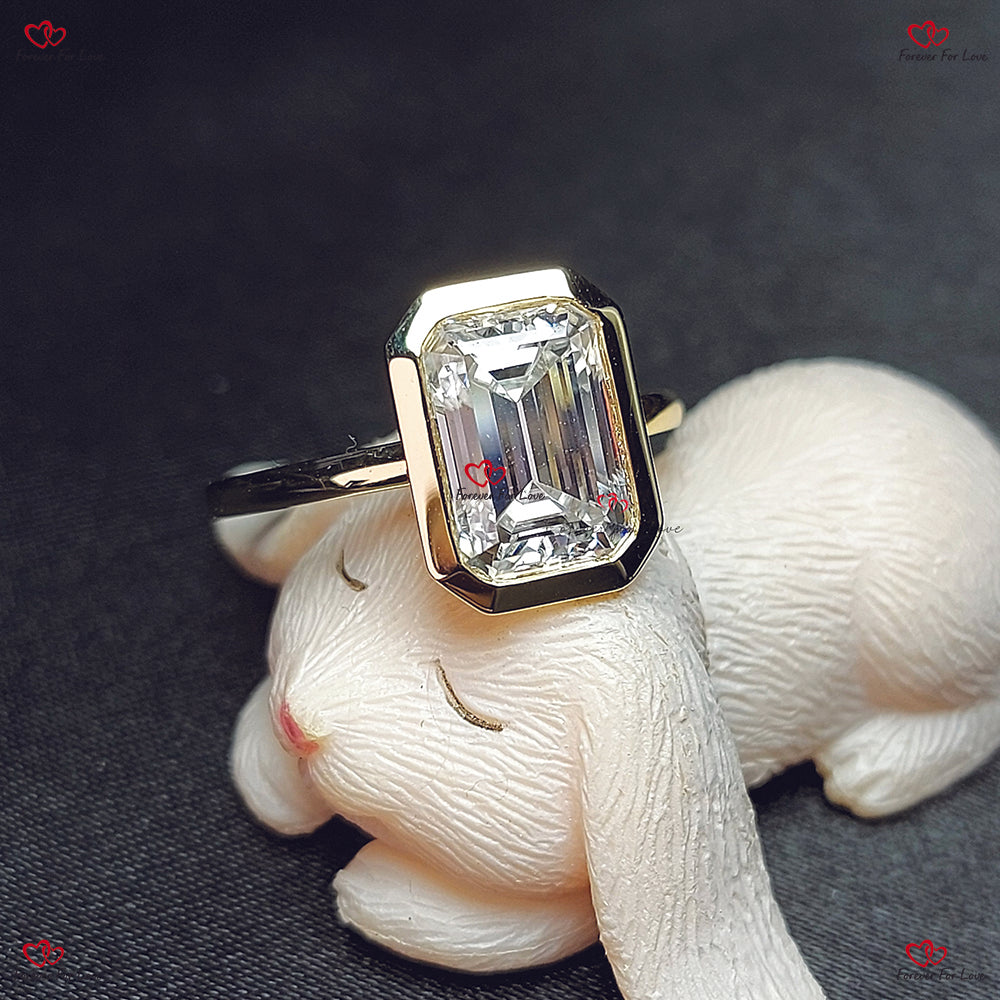 Emerald Cut Moissanite Engagement Ring –  in Bezel Setting Solid Gold