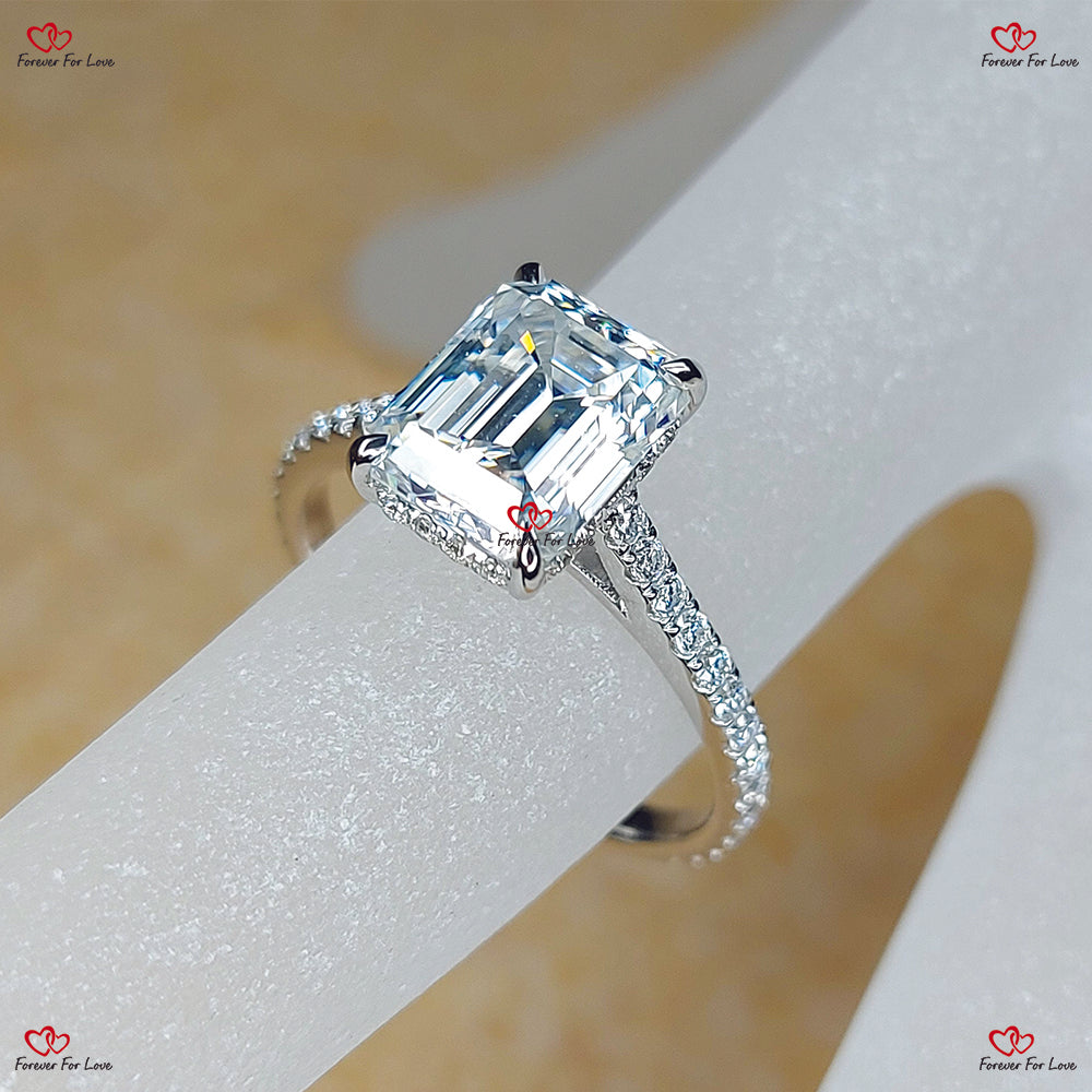 Emerald Cut Moissanite Engagement Ring in White Gold