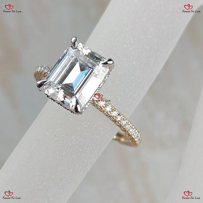 /9*7mm Emerald Cut Two Tone Forever One Engagement Ring Moissanite Emerald Engagement Ring Emerald Cut Solitaire Ring