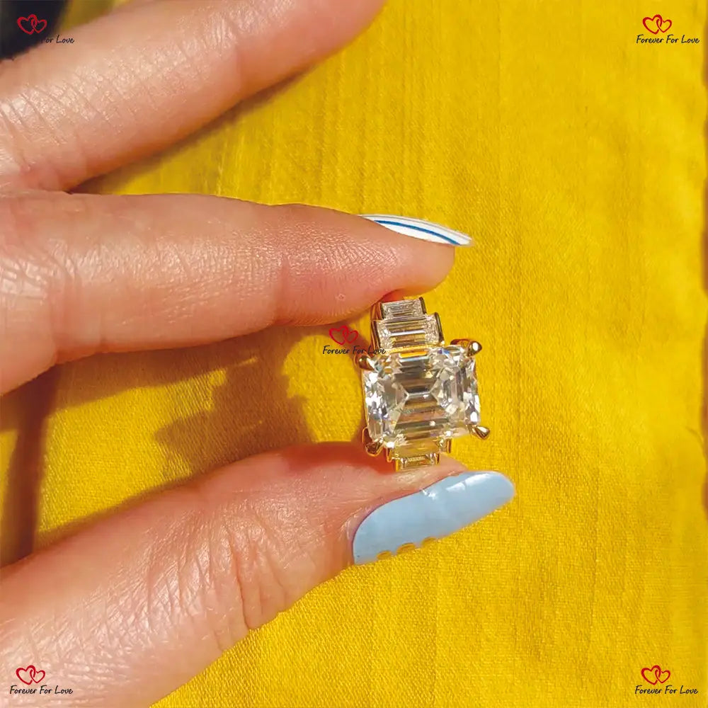 Emerald Cut Engagement Ring - Art Deco Bezel Set Vintage Diamond Ring Five Stone/ Gold or Platinum Emerald cut 1Ct Moissanite Brilliant Cut engagement ring in 935 Argentium Silver — custom handcrafted by Forever For Love