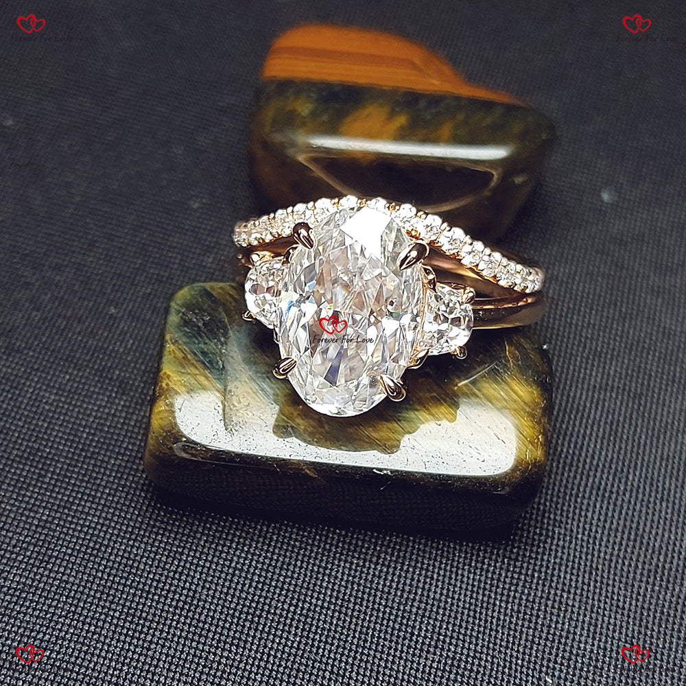 Unique Oval Moissanite Engagement Ring – Crushed Ice Cut Three-Stone Ring with Moonstone Accents