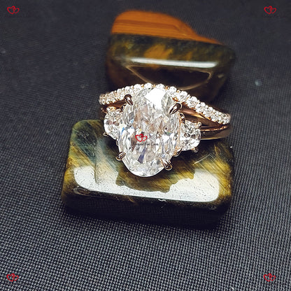 Unique Oval Moissanite Engagement Ring – Crushed Ice Cut Three-Stone Ring with Moonstone Accents